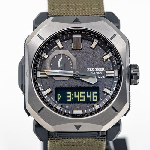 Casio ProTrek watch with digital and analog display on a white background